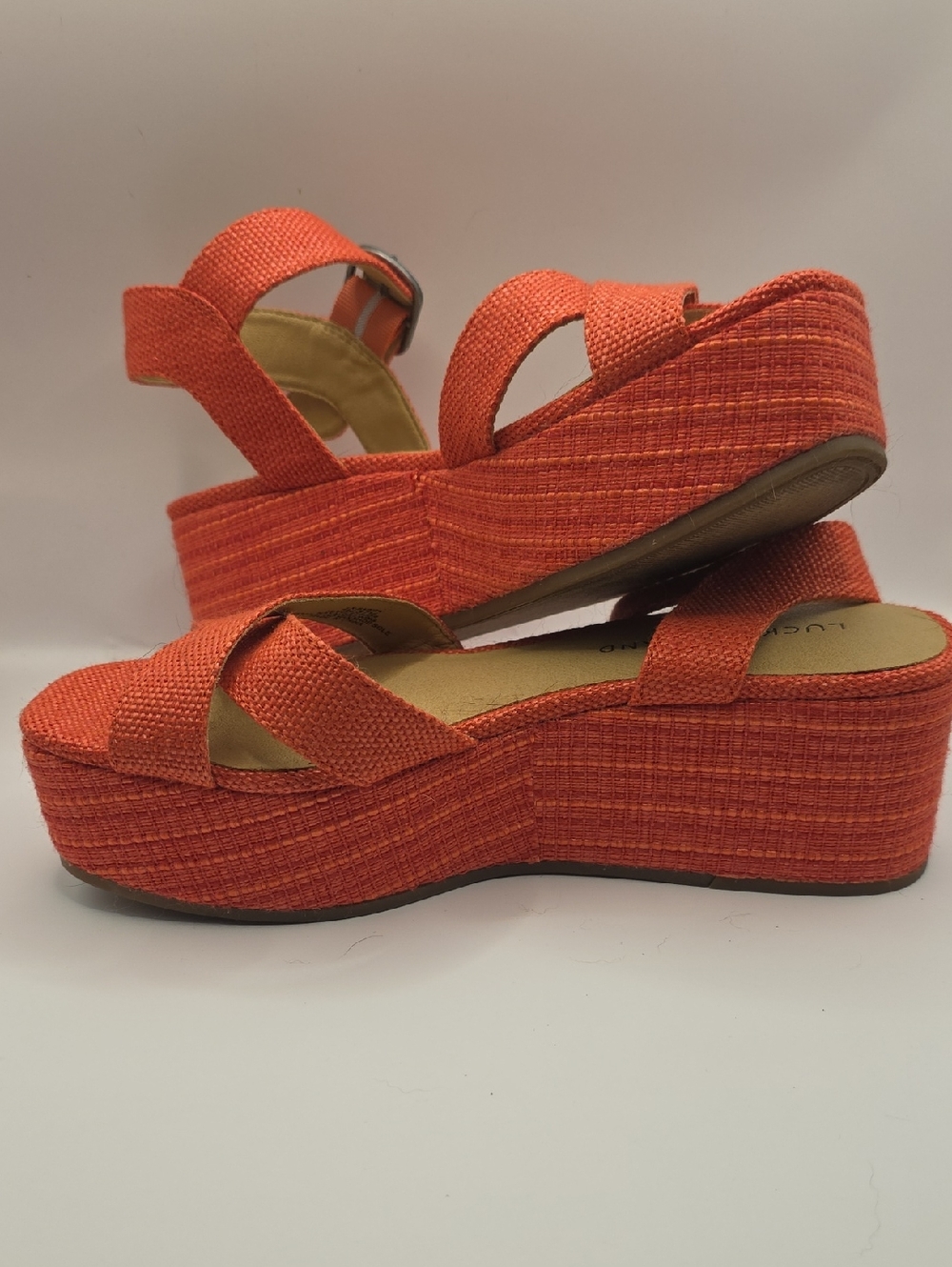 Lucky Brand Orange Woven Platform Sandals with Buckle Bright Fun Travel Vacation - Picture 8 of 9